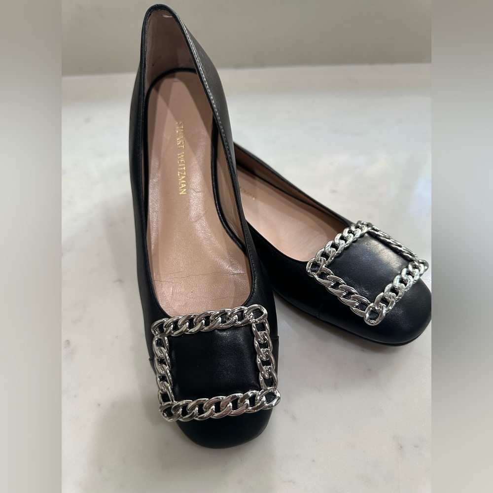 STUART WEITZMAN Chainolo Chain Flat Black Leather Loafer Size 4.5
